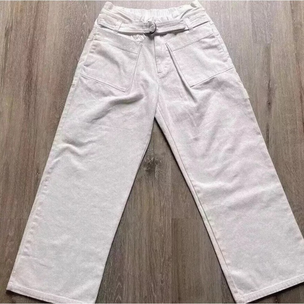 Free‎ People White Ivory Wide Leg Carpenter Jeans Size 4 Thick Belt Y2K 28"/28"